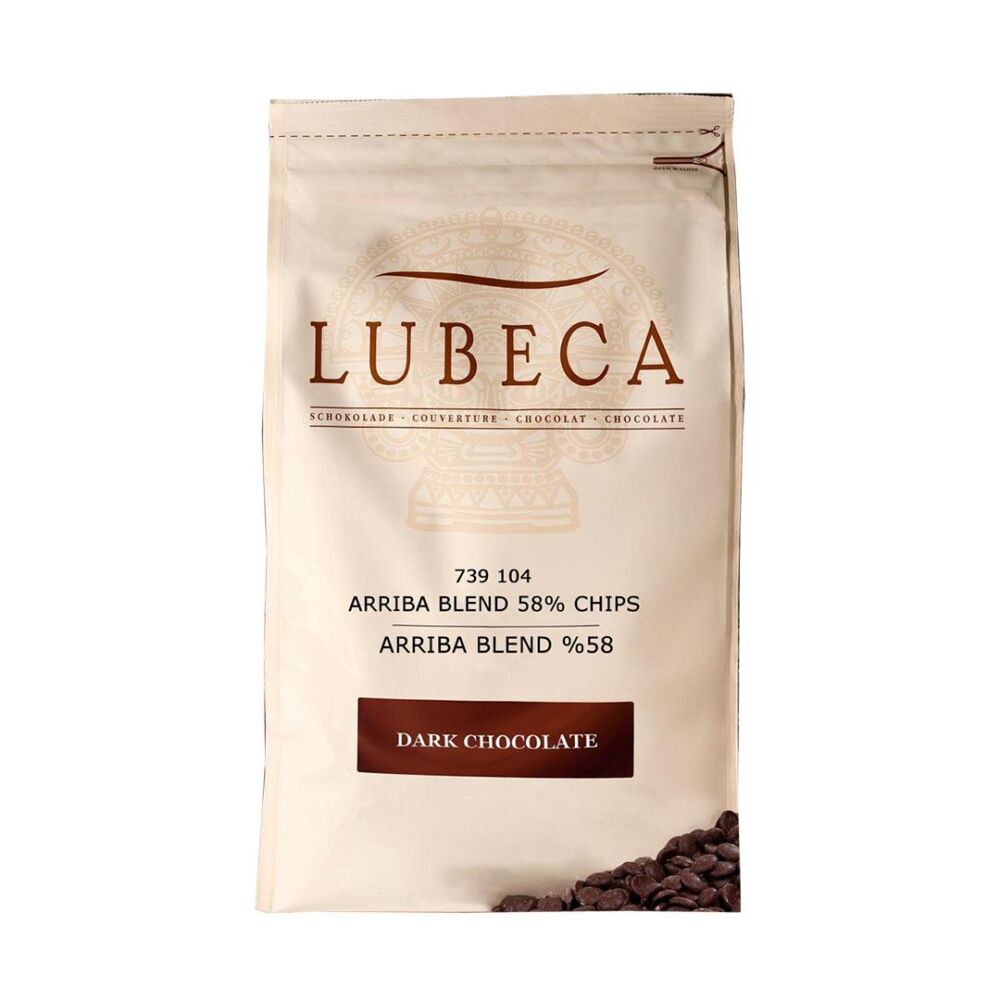 Lubeca Arriba Blend %58 Chips Dark Chocolate ( %58 Kakaolu Bitter Kuvertür Drop Pul Çikolata ) 2.5 Kg 5